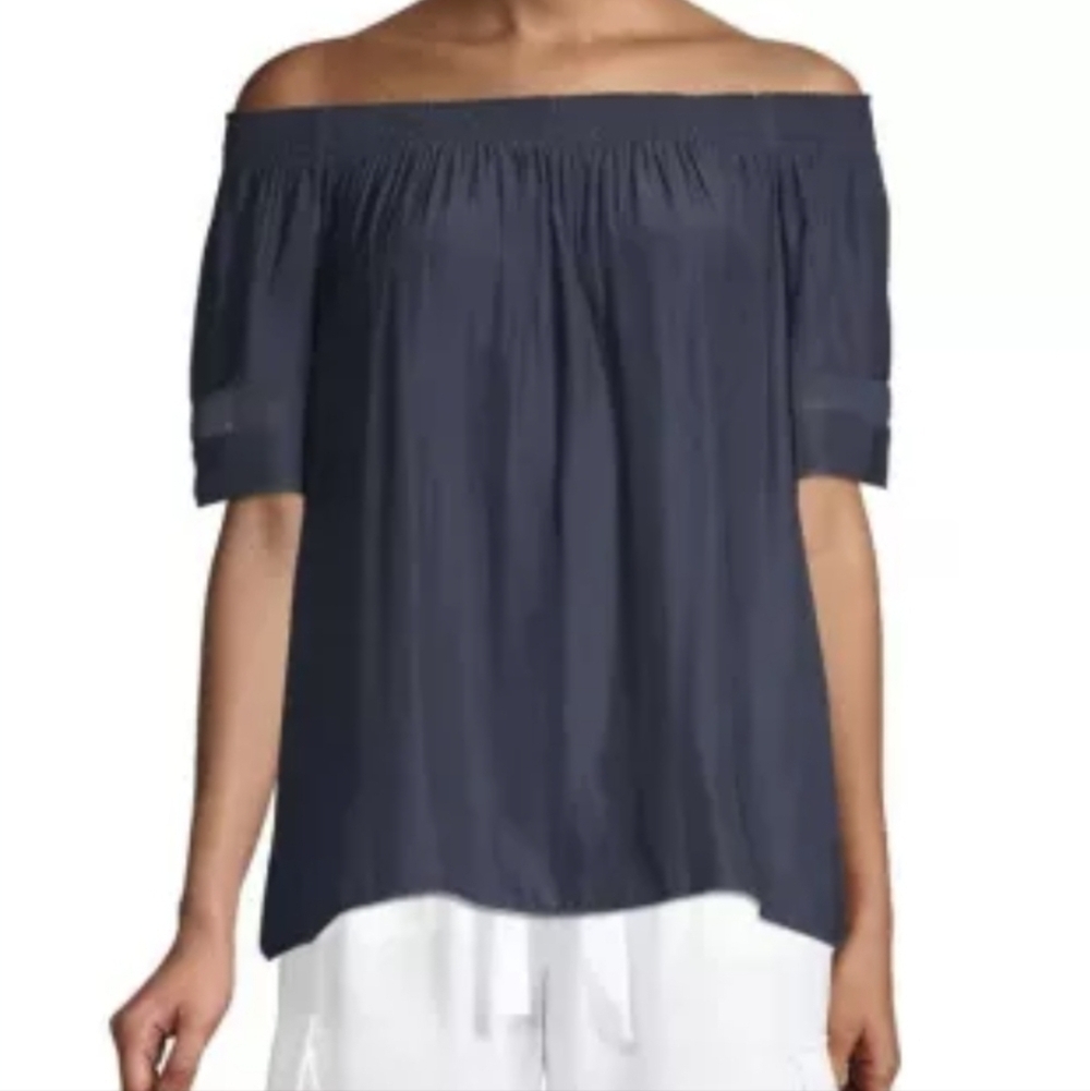 Ramy Brook Jessica Off-Shoulder Navy Blouse With Sheer Insert At Sleeve Size L